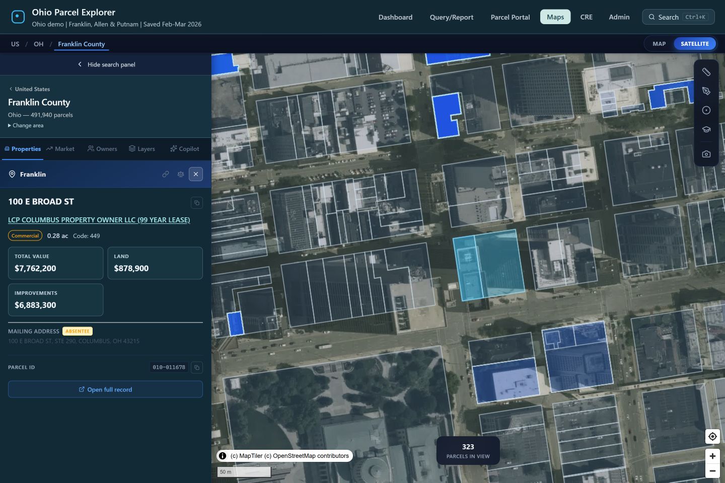 Actual ParcelMetric application showing a selected Columbus property, aerial imagery, parcel outline and recorded property details